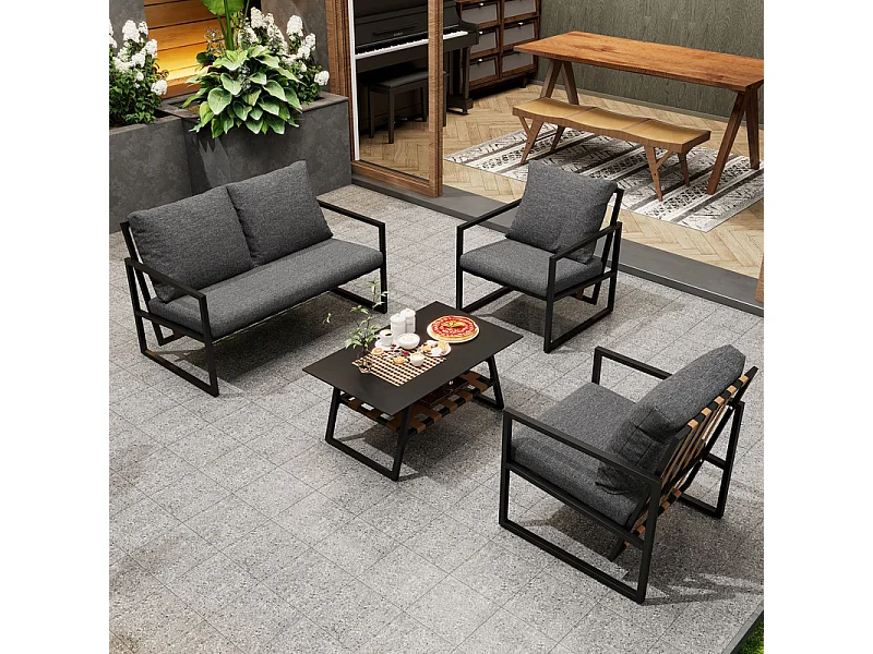 4-zits tuinmeubelen - bank, 2 fauteuils en 1 salontafel met plank - gegalvaniseerde stalen buis en PVC banden - afneembare en wasbare kussens - Zwart