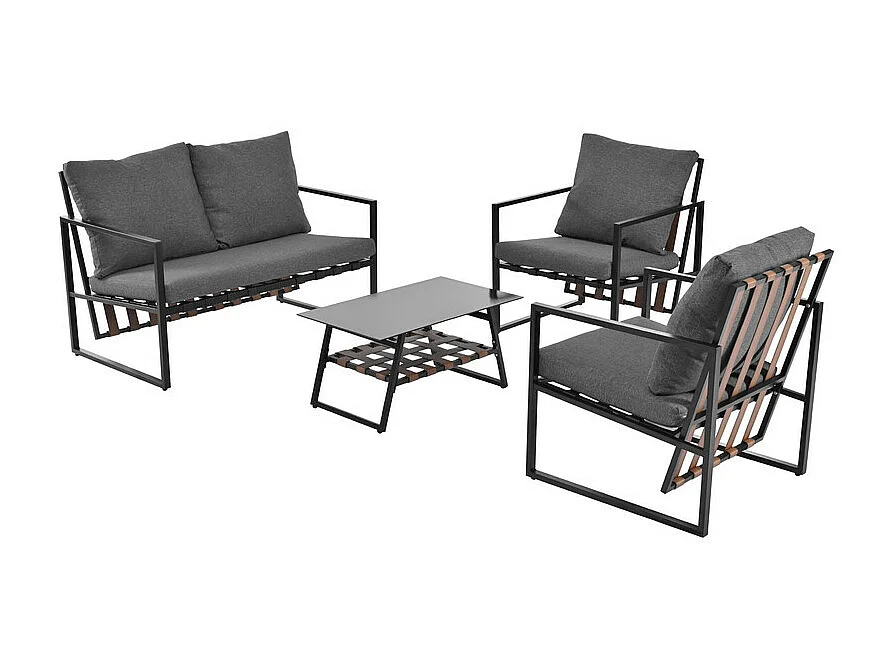 4-zits tuinmeubelen - bank, 2 fauteuils en 1 salontafel met plank - gegalvaniseerde stalen buis en PVC banden - afneembare en wasbare kussens - Zwart