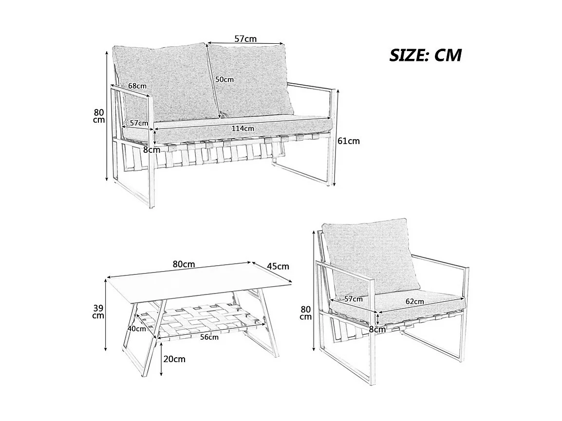 4-zits tuinmeubelen - bank, 2 fauteuils en 1 salontafel met plank - gegalvaniseerde stalen buis en PVC banden - afneembare en wasbare kussens - Zwart