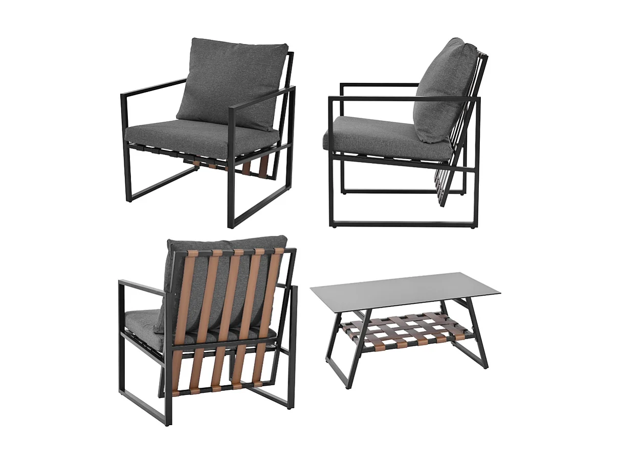 4-zits tuinmeubelen - bank, 2 fauteuils en 1 salontafel met plank - gegalvaniseerde stalen buis en PVC banden - afneembare en wasbare kussens - Zwart