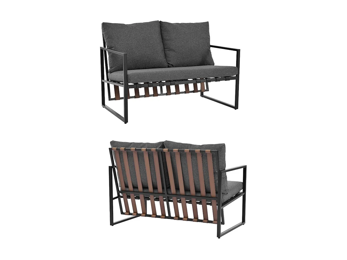 Mobile da giardino 4 posti - divano, 2 poltrone e 1 tavolino con ripiano - tubo in acciaio zincato e cinghie in PVC - cuscini sfoderabili e lavabili - Nero