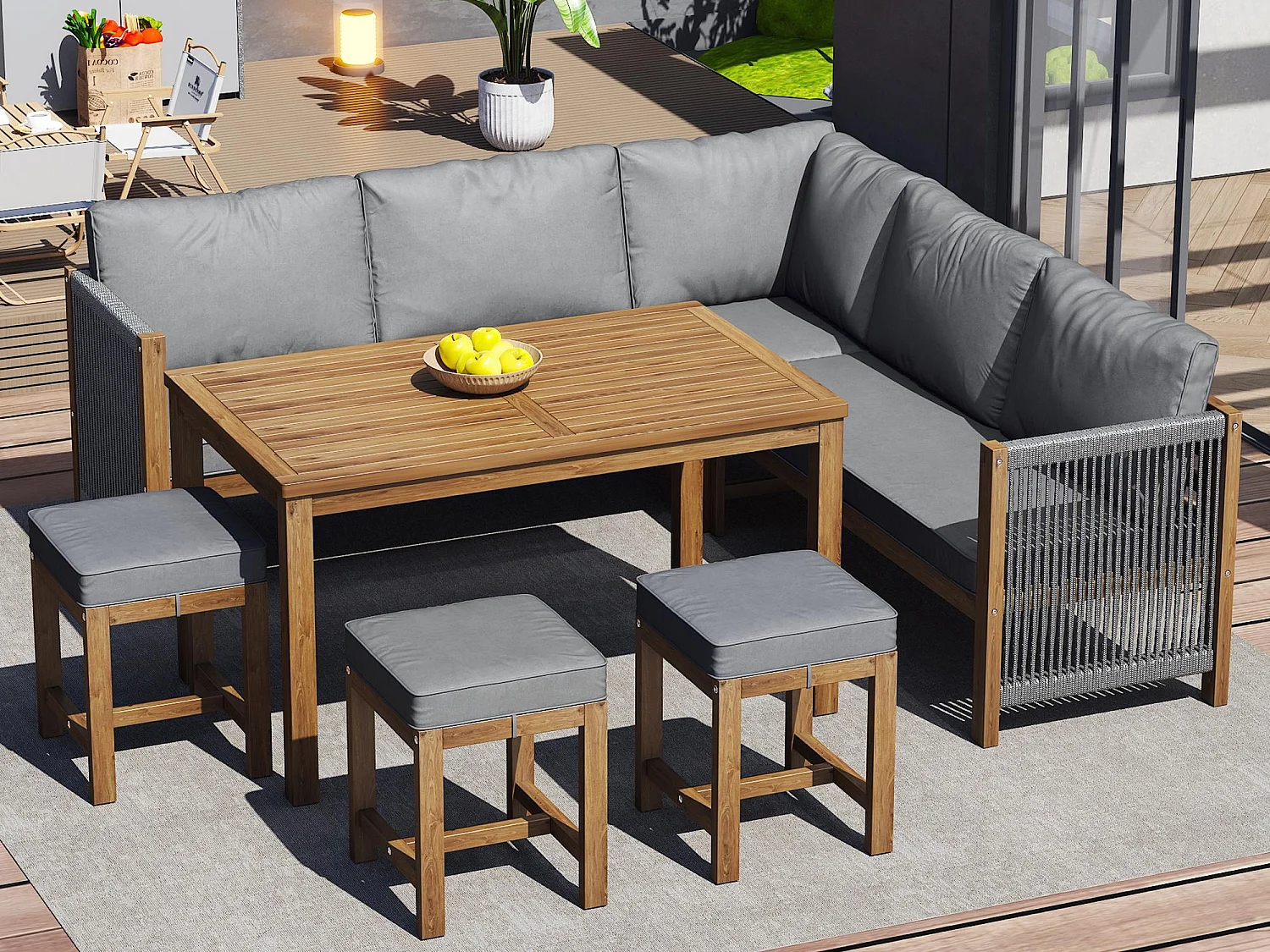 Tuinmeubelen voor 7-8 personen - 2 banken, 3 krukken en 1 eettafel - acaciahoutstructuur - Grijs