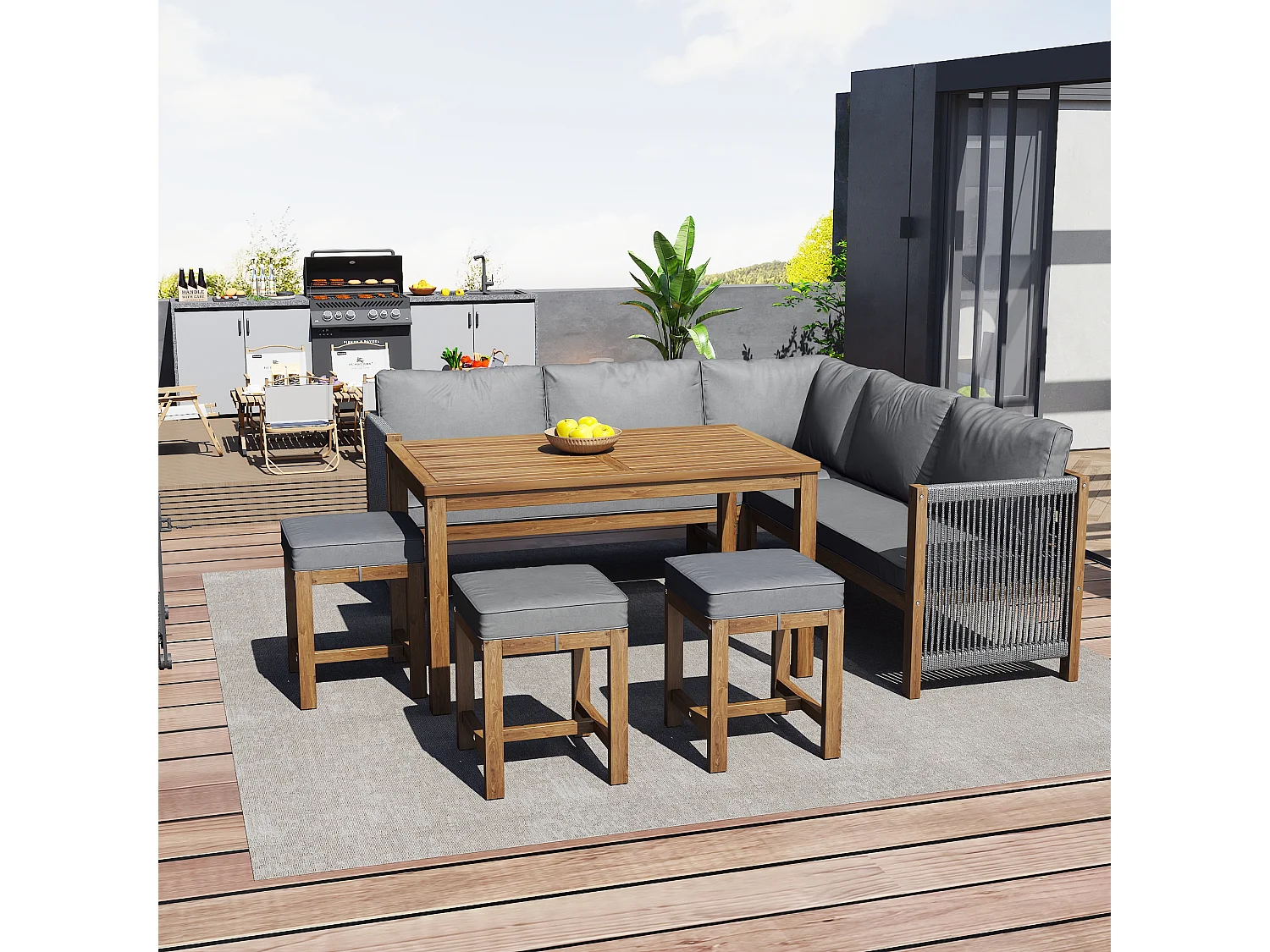 Tuinmeubelen voor 7-8 personen - 2 banken, 3 krukken en 1 eettafel - acaciahoutstructuur - Grijs