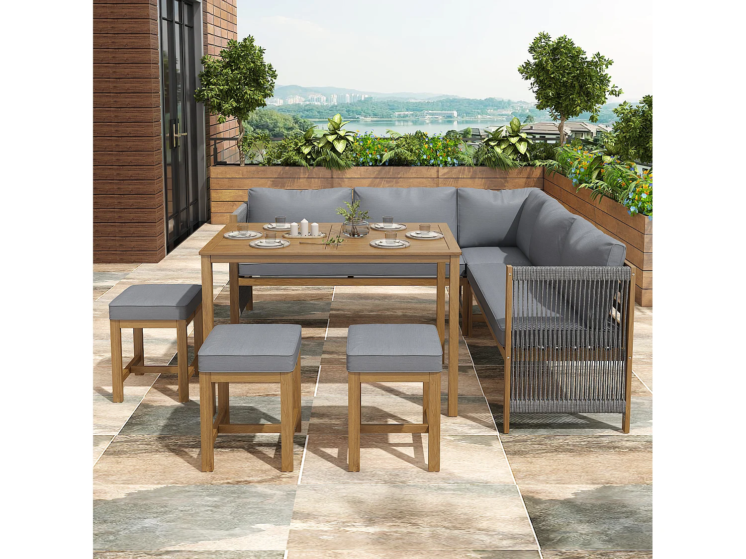 Sala de jardim para 7-8 pessoas - 2 sofás, 3 banquetas e 1 mesa de jantar - estrutura em Madeira de acácia - Cinza