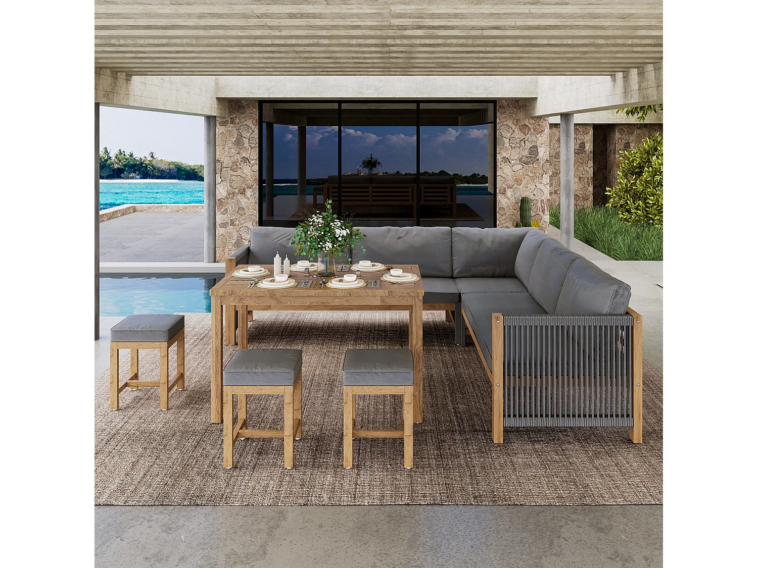 Sala de jardim para 7-8 pessoas - 2 sofás, 3 banquetas e 1 mesa de jantar - estrutura em Madeira de acácia - Cinza