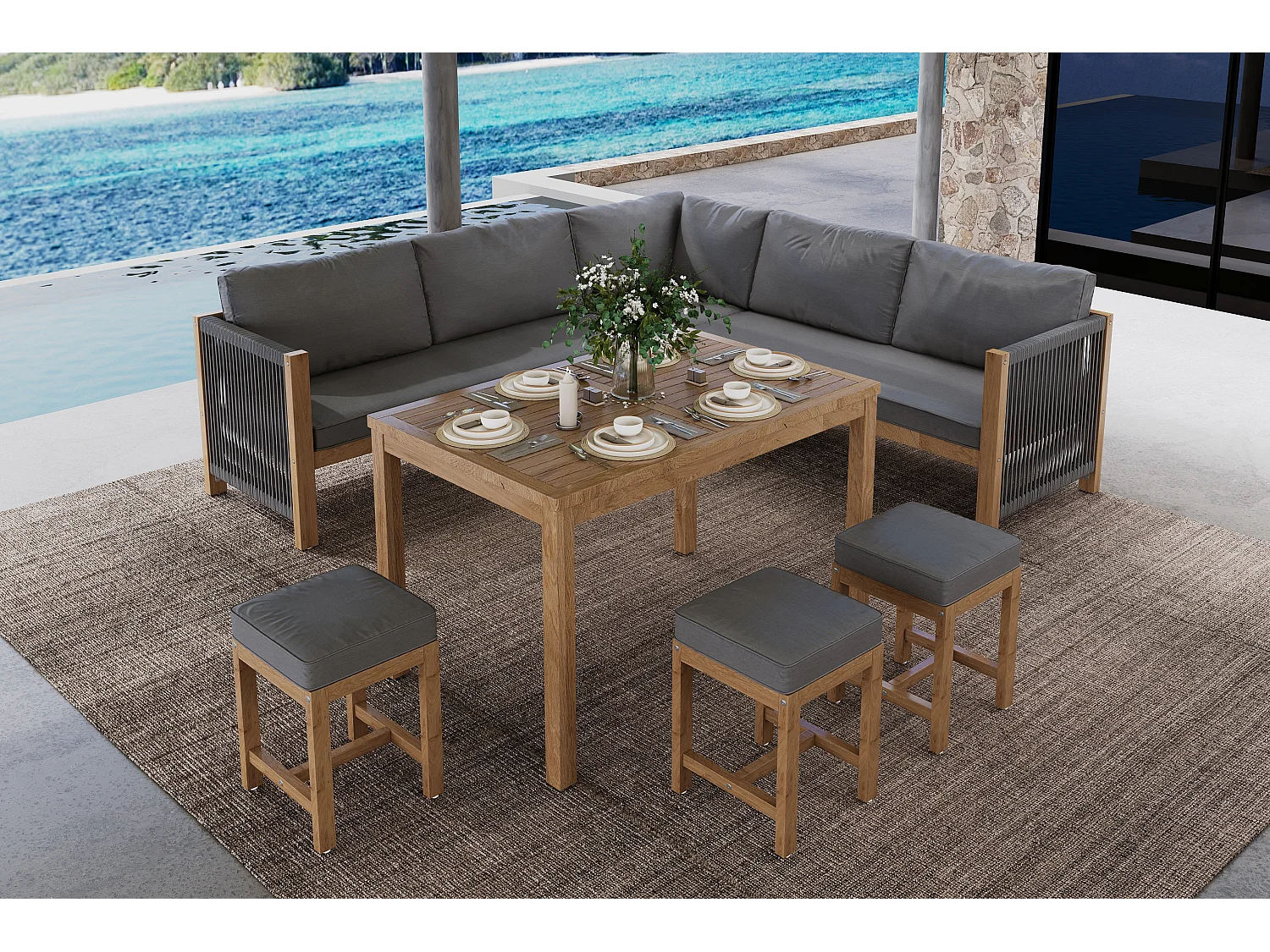 Sala de jardim para 7-8 pessoas - 2 sofás, 3 banquetas e 1 mesa de jantar - estrutura em Madeira de acácia - Cinza