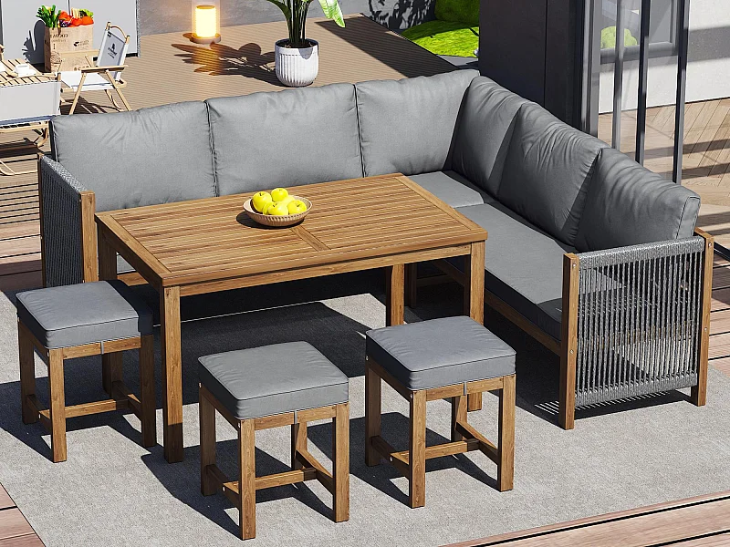 Tuinmeubelen voor 7-8 personen - 2 banken, 3 krukken en 1 eettafel - acaciahoutstructuur - Grijs