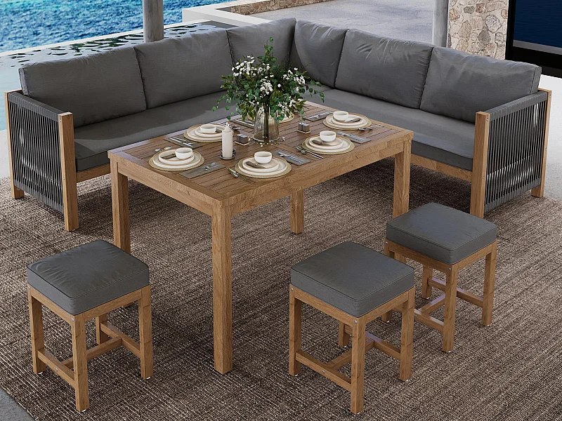 Salon ogrodowy na 7-8 osób - 2 kanapy, 3 taborety i 1 stół jadalniany - konstrukcja z Drewna akacjowego - Szary