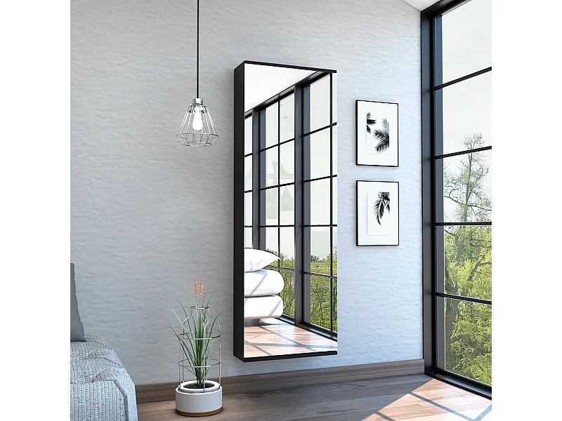 Scarpiera a muro Leto con specchio, stile moderno e spazioso, 137.92 cm X 46.99 cm X 20.57 cm , Nero