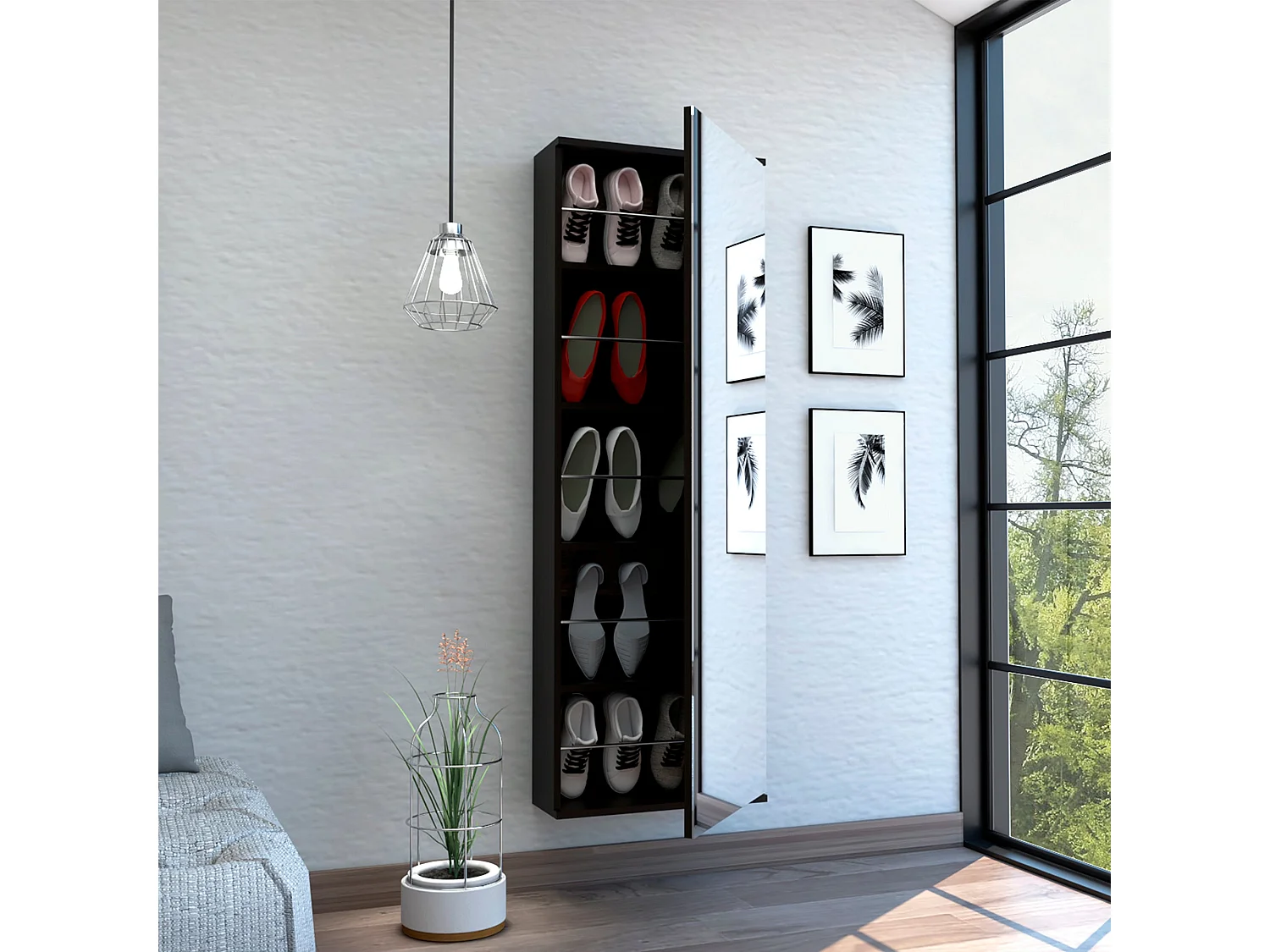 Scarpiera a muro Leto con specchio, stile moderno e spazioso, 137.92 cm X 46.99 cm X 20.57 cm , Nero