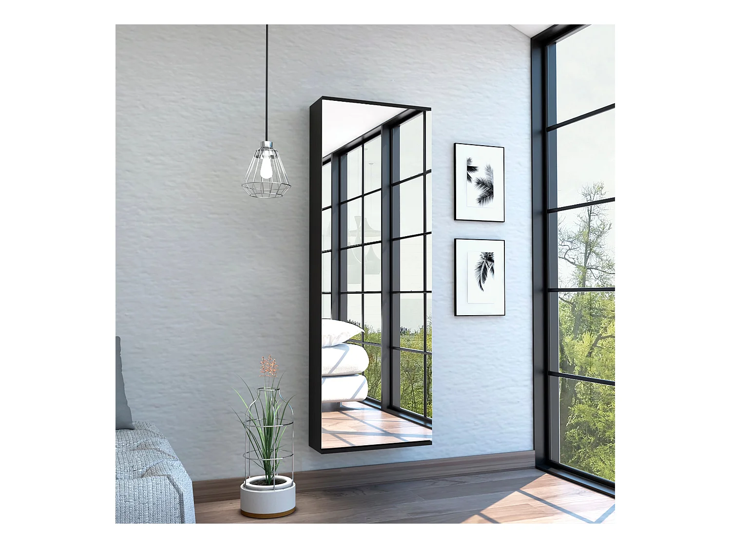 Leto Support mural pour chaussures avec miroir, style moderne et espace, 137.92 cm X 46.99 cm X 20.57 cm , Noir
