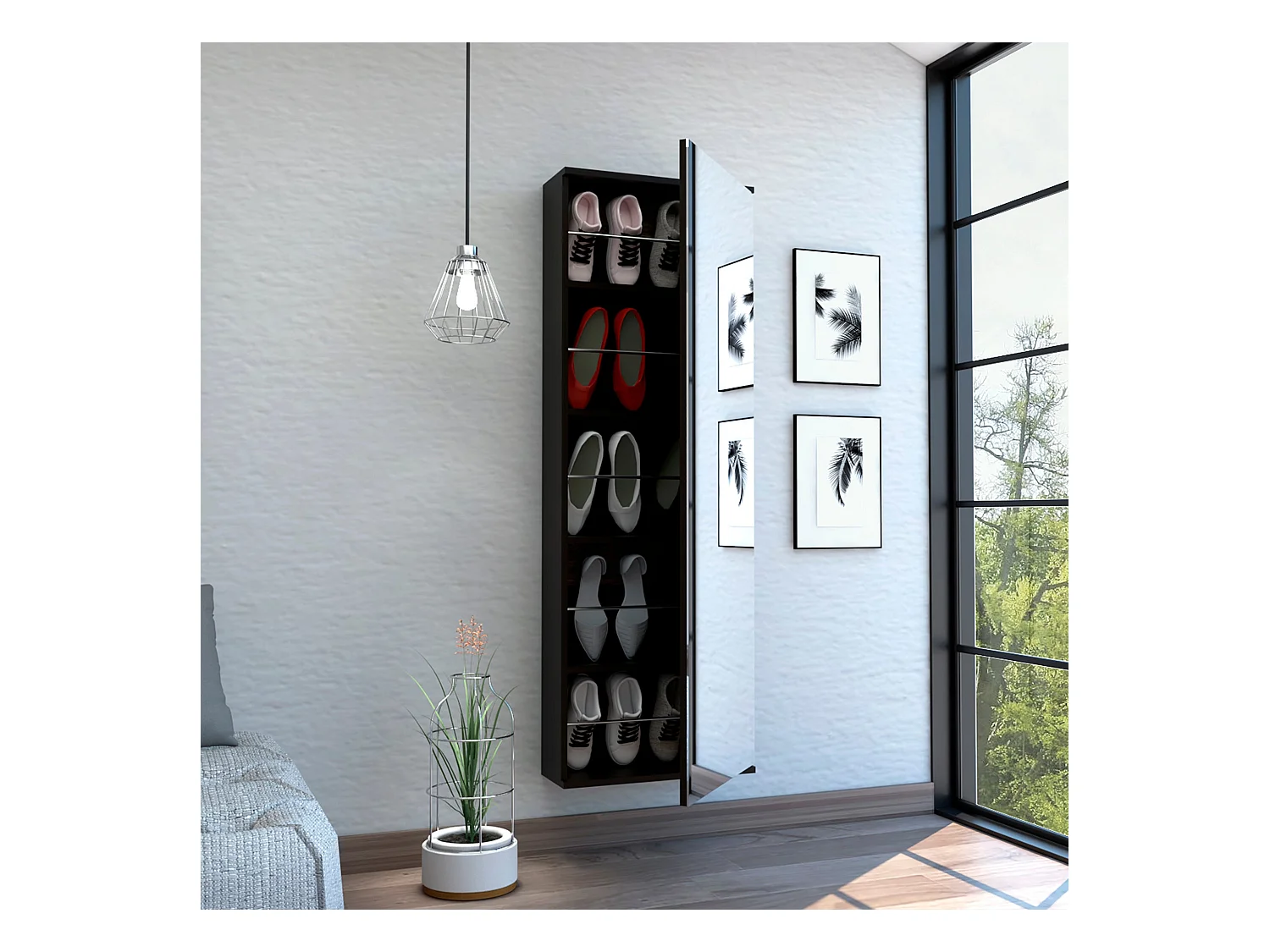 Leto Support mural pour chaussures avec miroir, style moderne et espace, 137.92 cm X 46.99 cm X 20.57 cm , Noir