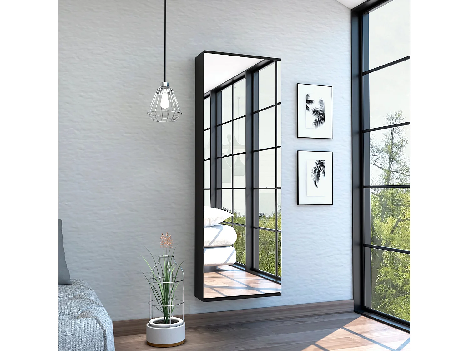 Leto Support mural pour chaussures avec miroir, style moderne et espace, 137.92 cm X 46.99 cm X 20.57 cm , Noir