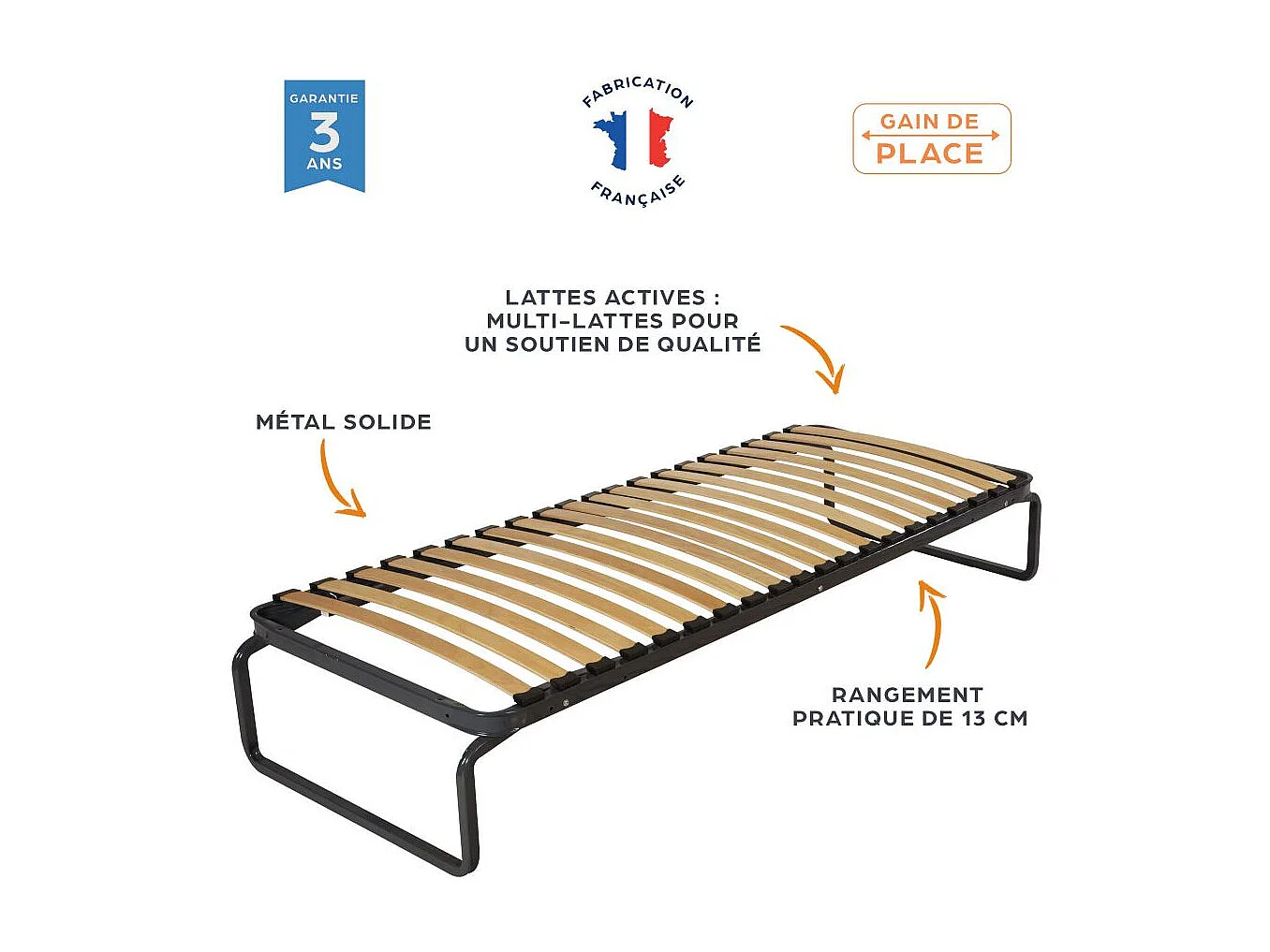 Lit métal + matelas Montana - 90x190 - Mousse - 20 lattes bois - Gain de place