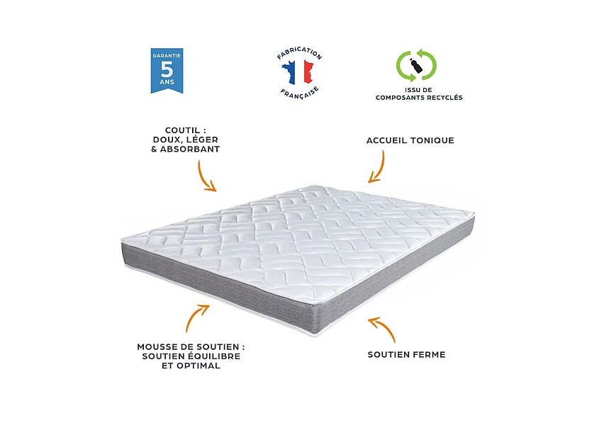 Lit métal + matelas Morgan - 90x190 - Mousse - 20 lattes bois - Gain de place