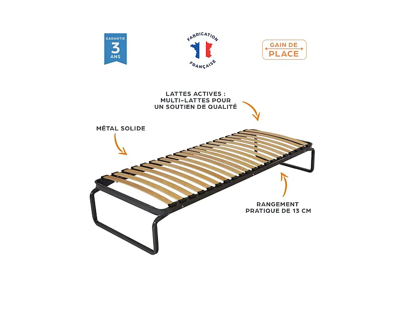 Lit métal + matelas Morgan - 90x190 - Mousse - 20 lattes bois - Gain de place