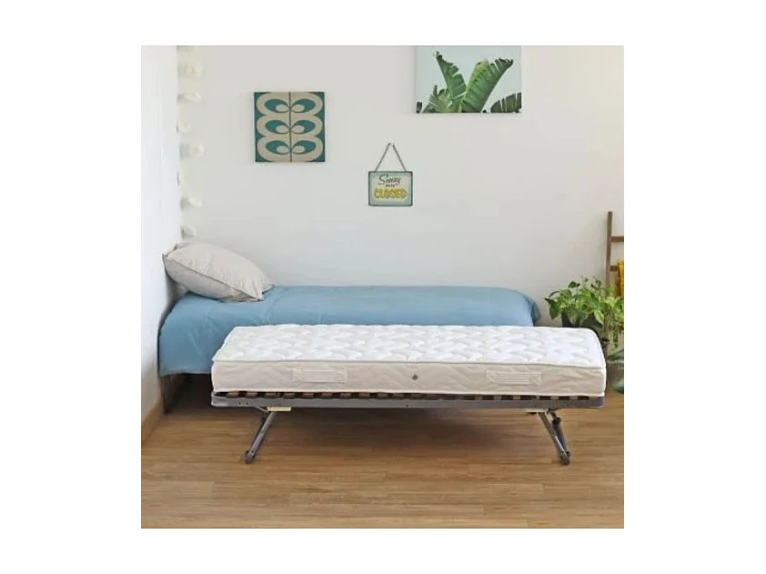 Lit métal + matelas Morgan - 90x190 - Mousse - 20 lattes bois - Gain de place