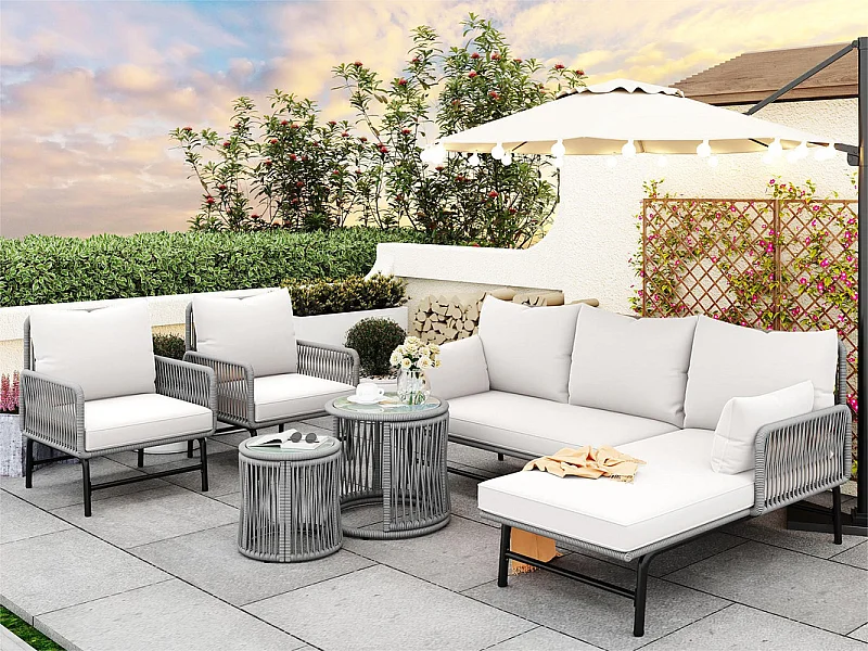 Iron and Rope tuinmeubelen - 2 banken, 2 fauteuils en 2 uitschuifbare salontafels - met alle kussens - Grijs