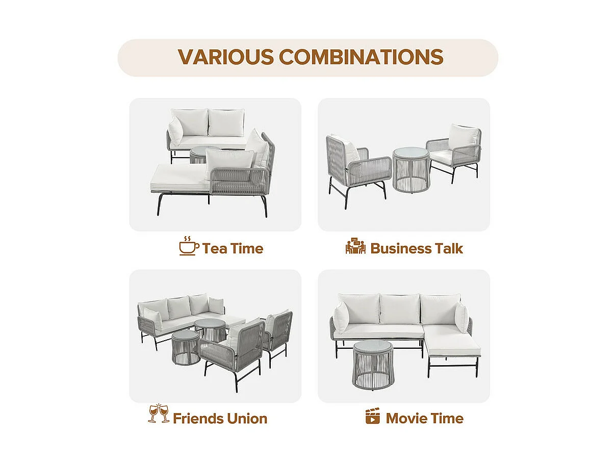 Iron and Rope tuinmeubelen - 2 banken, 2 fauteuils en 2 uitschuifbare salontafels - met alle kussens - Grijs