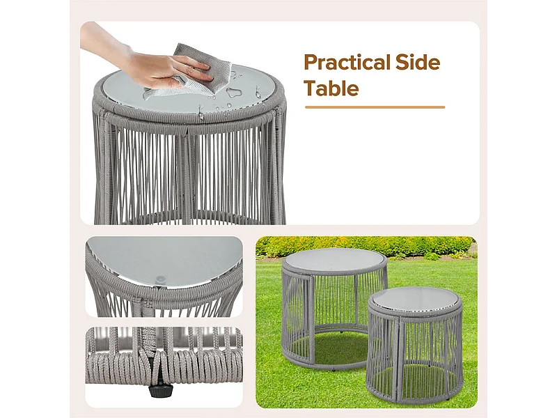 Iron and Rope tuinmeubelen - 2 banken, 2 fauteuils en 2 uitschuifbare salontafels - met alle kussens - Grijs