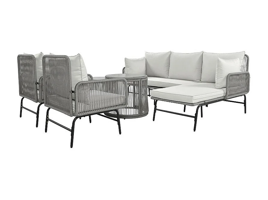 Salon de jardin en Fer et Corde - 2 canapés, 2 fauteuils et 2 tables basses gigognes - avec tous les coussins - Gris