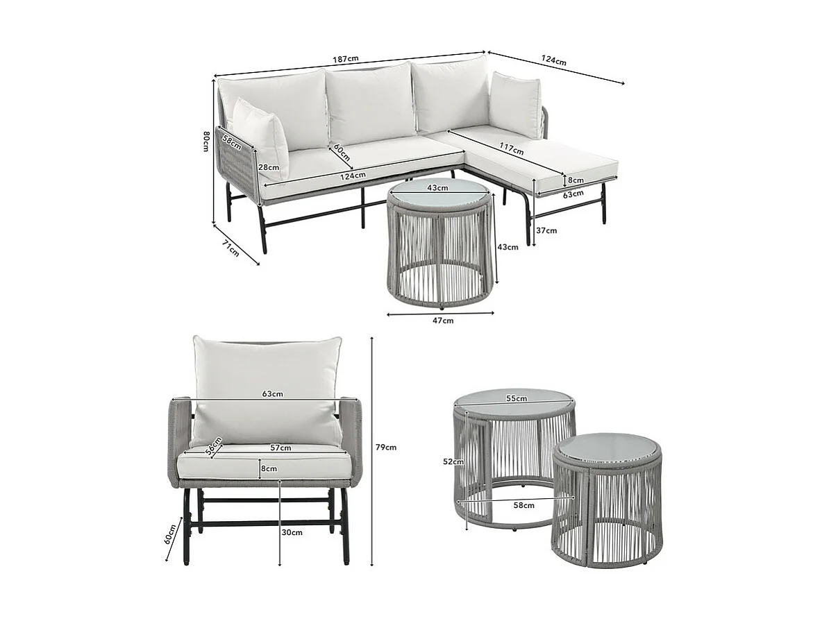 Salon de jardin en Fer et Corde - 2 canapés, 2 fauteuils et 2 tables basses gigognes - avec tous les coussins - Gris