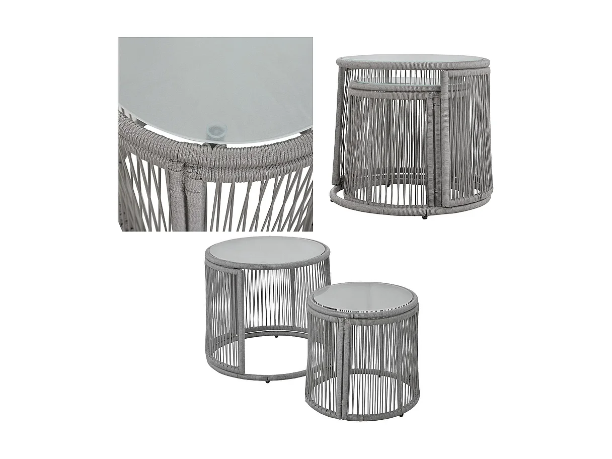 Salon de jardin en Fer et Corde - 2 canapés, 2 fauteuils et 2 tables basses gigognes - avec tous les coussins - Gris