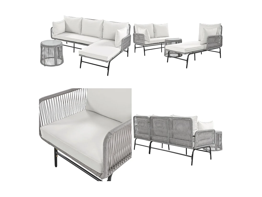 Salon de jardin en Fer et Corde - 2 canapés, 2 fauteuils et 2 tables basses gigognes - avec tous les coussins - Gris