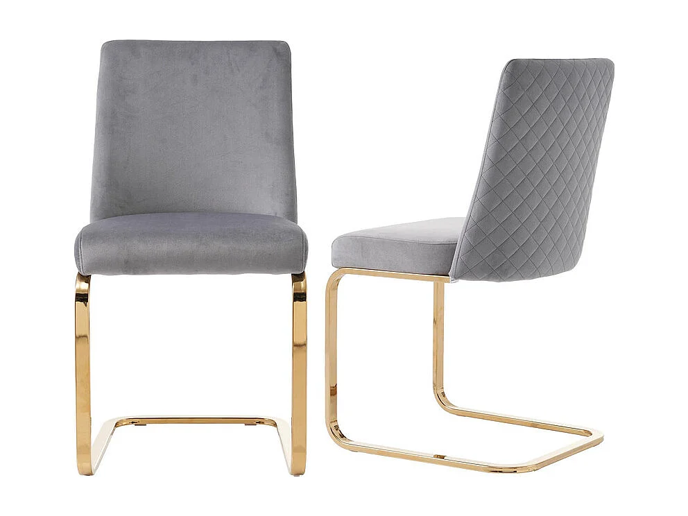 Set van 2 fluwelen sledestoelen - rugleuning ruitpatroon - onderstel goudkleurig metaal - grijs