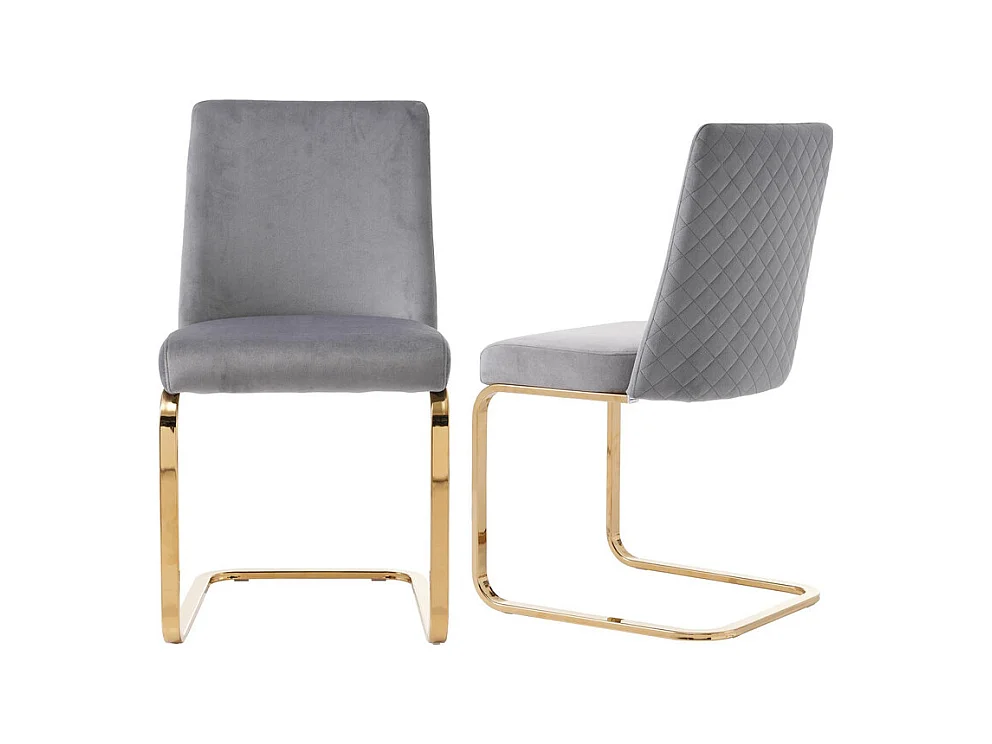 Lot de 2 Chaises cantilever en velours - dossier à motif de losange - piètement en métal doré - Gris