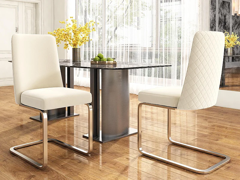 Juego de 2 sillas cantilever de terciopelo - respaldo con diseño de rombos - base de metal plateado - Beige