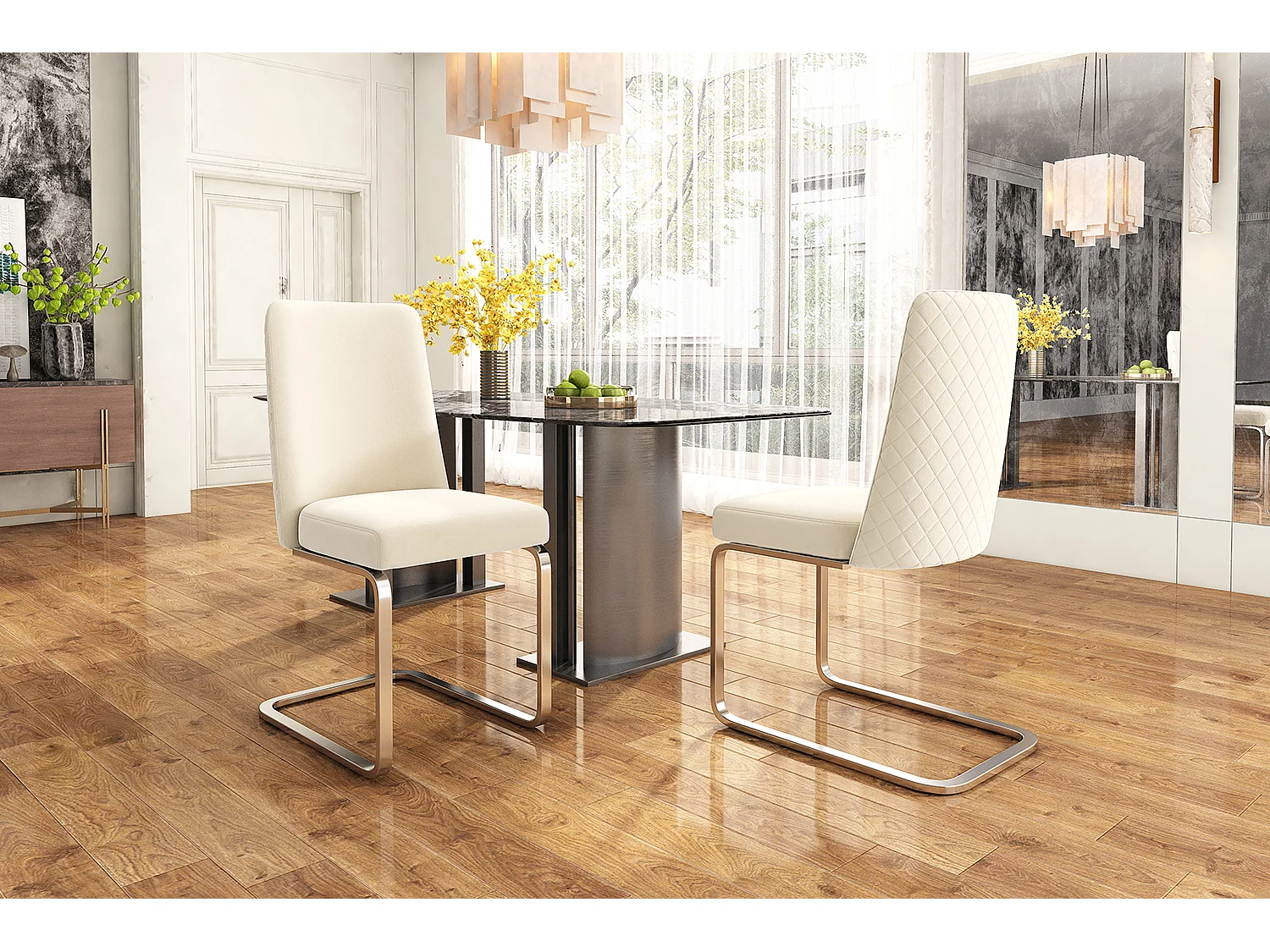 Set mit 2 Freischwingern aus Samt – Rückenlehne mit Rautenmuster – Gestell aus silbernem Metall – Beige