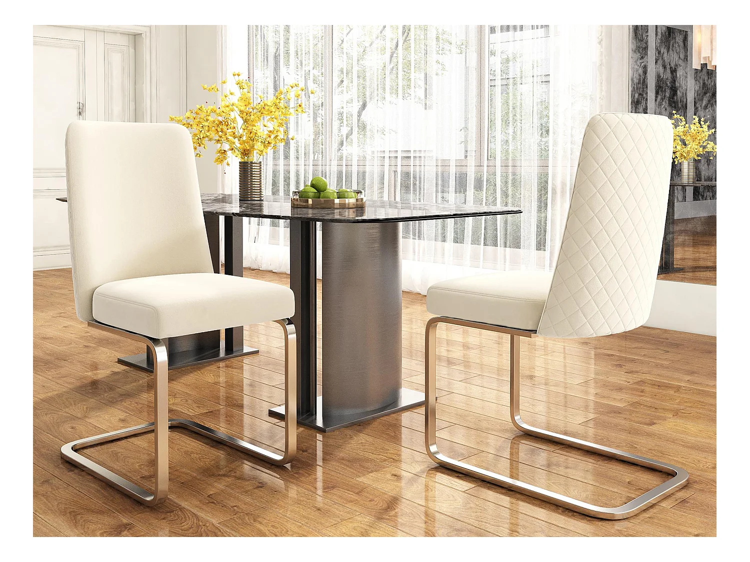 Lot de 2 Chaises cantilever en velours - dossier à motif de losange - piètement en métal argenté - Beige