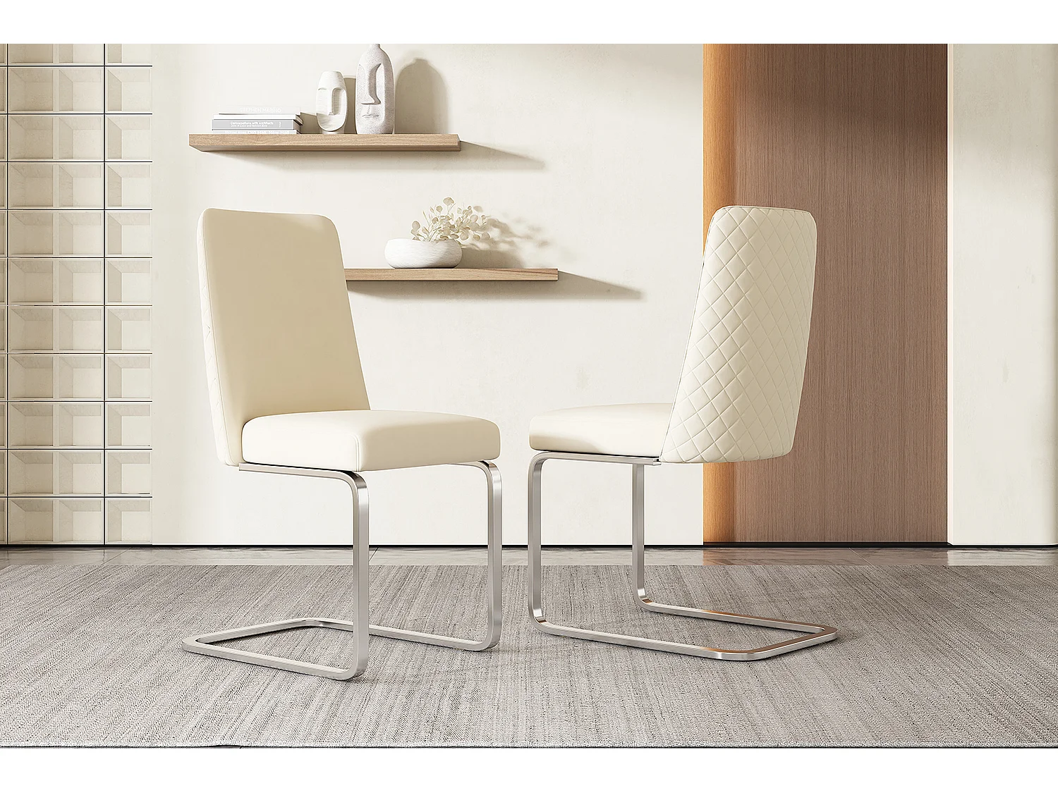 Lot de 2 Chaises cantilever en velours - dossier à motif de losange - piètement en métal argenté - Beige