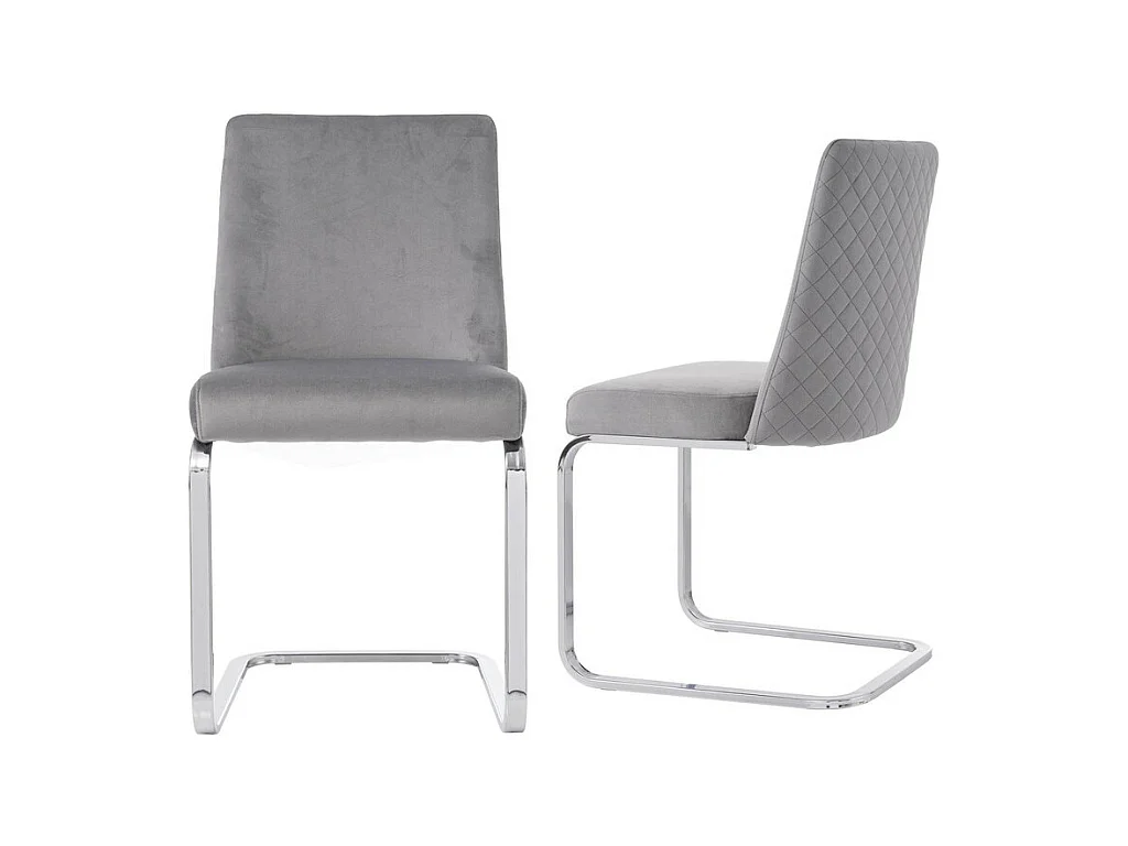 Lot de 2 Chaises cantilever en velours - dossier à motif de losange - piètement en métal argenté - Gris