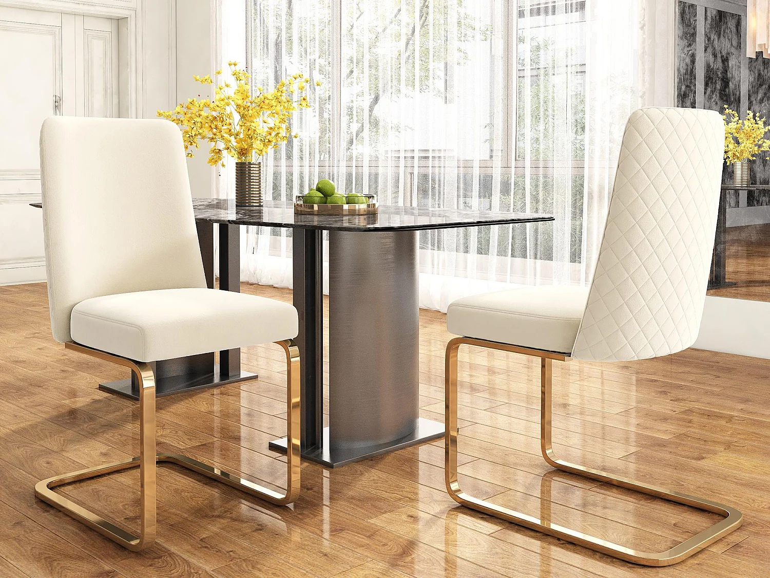 Set van 2 fluwelen sledestoelen - rugleuning ruitpatroon - onderstel goudkleurig metaal - Beige