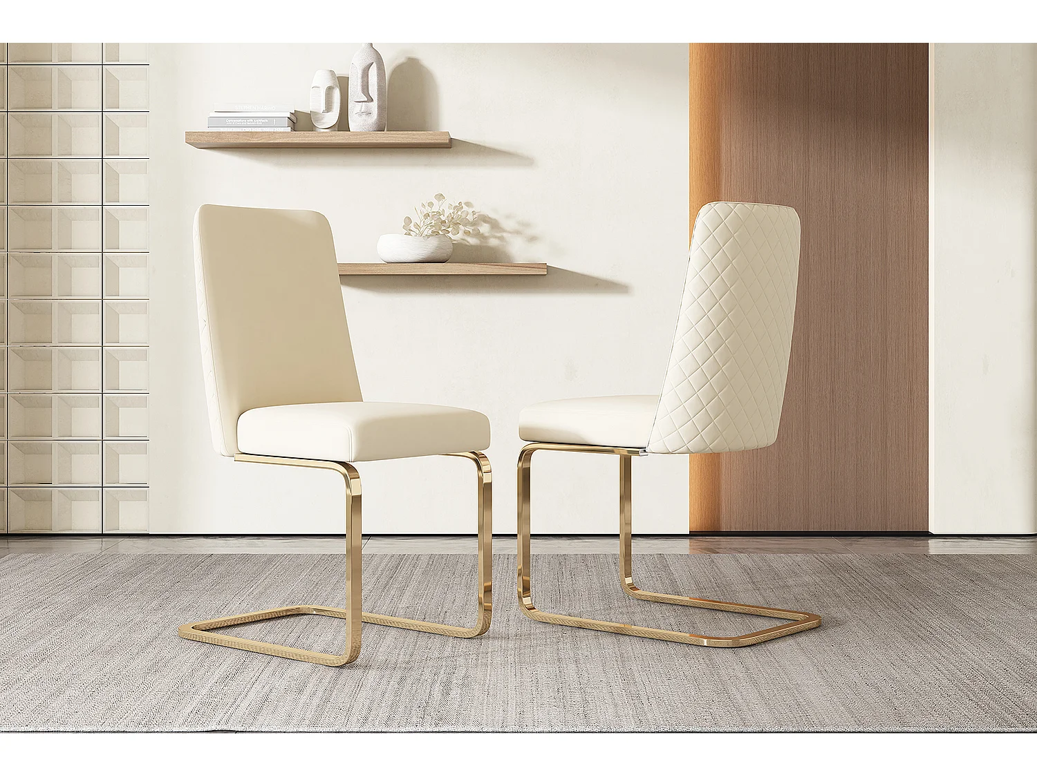 Set van 2 fluwelen sledestoelen - rugleuning ruitpatroon - onderstel goudkleurig metaal - Beige