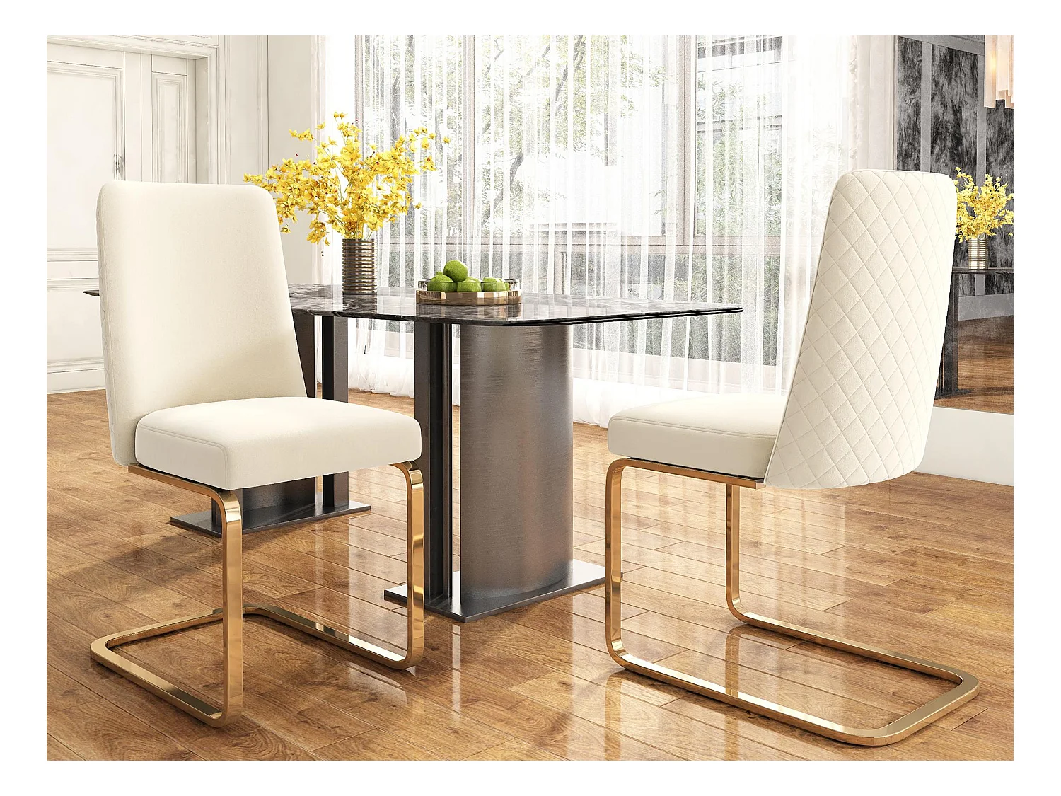 Set mit 2 Freischwingern aus Samt – Rückenlehne mit Rautenmuster – Gestell aus goldfarbenem Metall – Beige