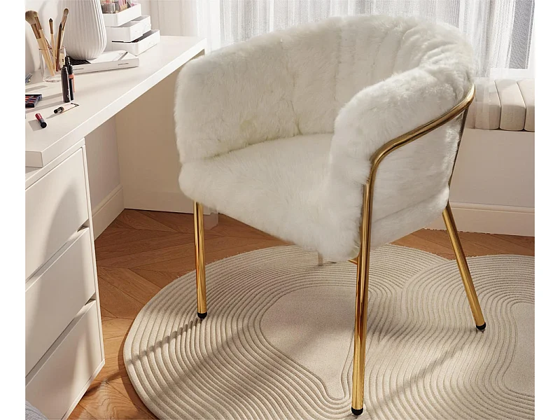 1 Loungesessel für Esszimmer, Wohnzimmer oder Schlafzimmer – aus Kaninchendaunenimitat – mit 4 goldfarbenen Metallbeinen – Beige