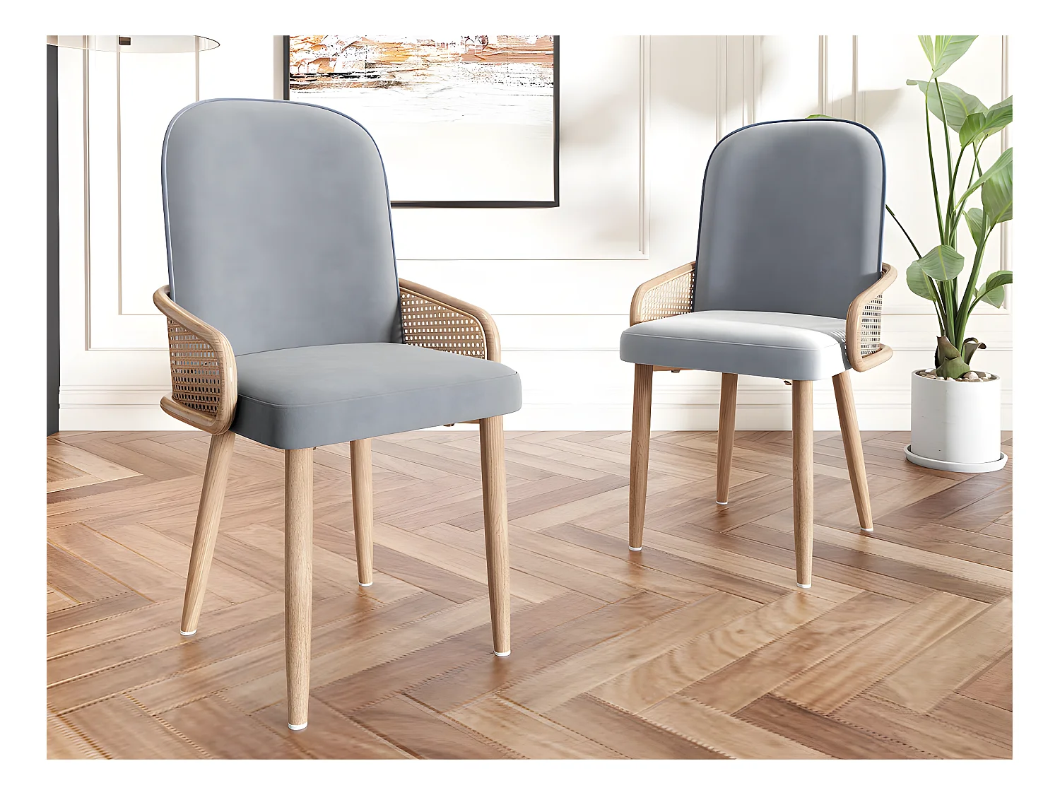 Lot de 2 Chaises en Velours avec accoudoirs en Rotin - 4 pieds en métal naturel - Gris