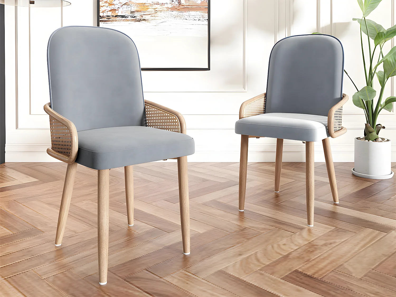 Set van 2 fluwelen stoelen met rotan armleuningen - 4 natuurlijke metalen poten - grijs