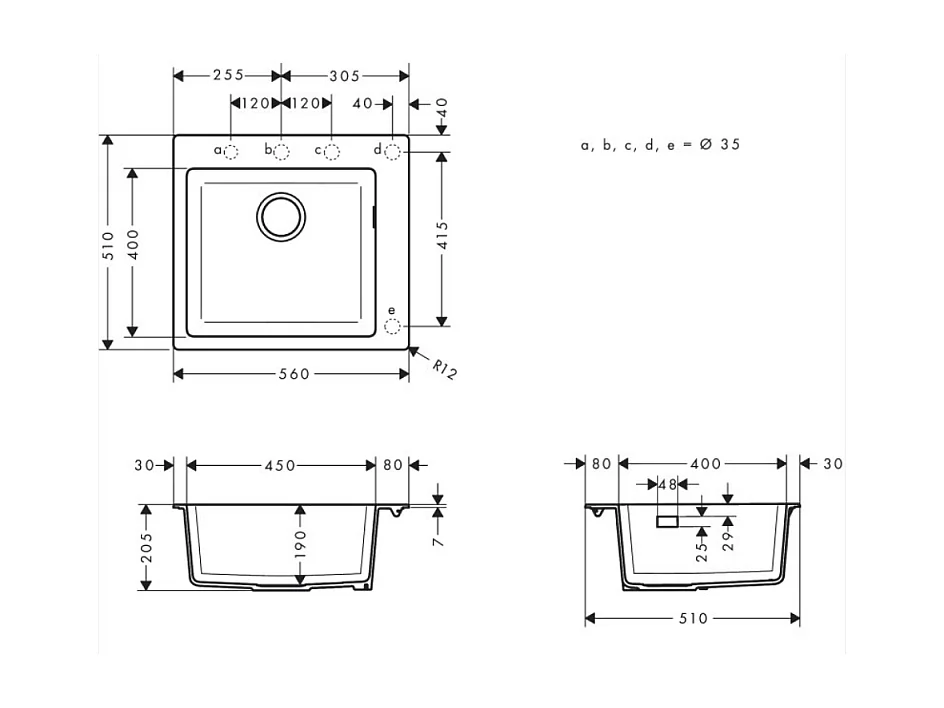 Evier à encastrer 1 bac HANSGROHE S51 450 avec vidage manuel noir graphite