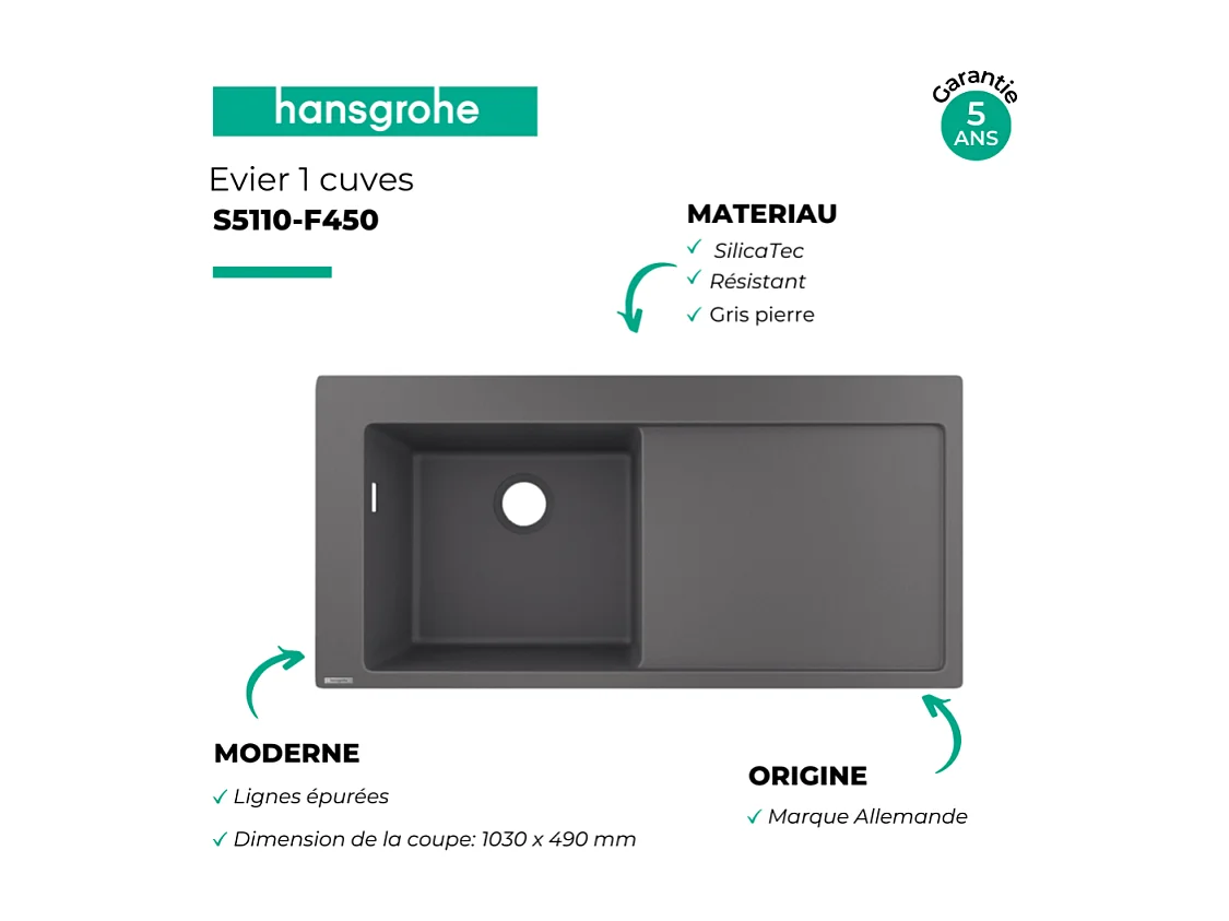 Evier à encastrer 1 bac HANSGROHE S51 450 égouttoir à droite avec vidage manuel gris pierre
