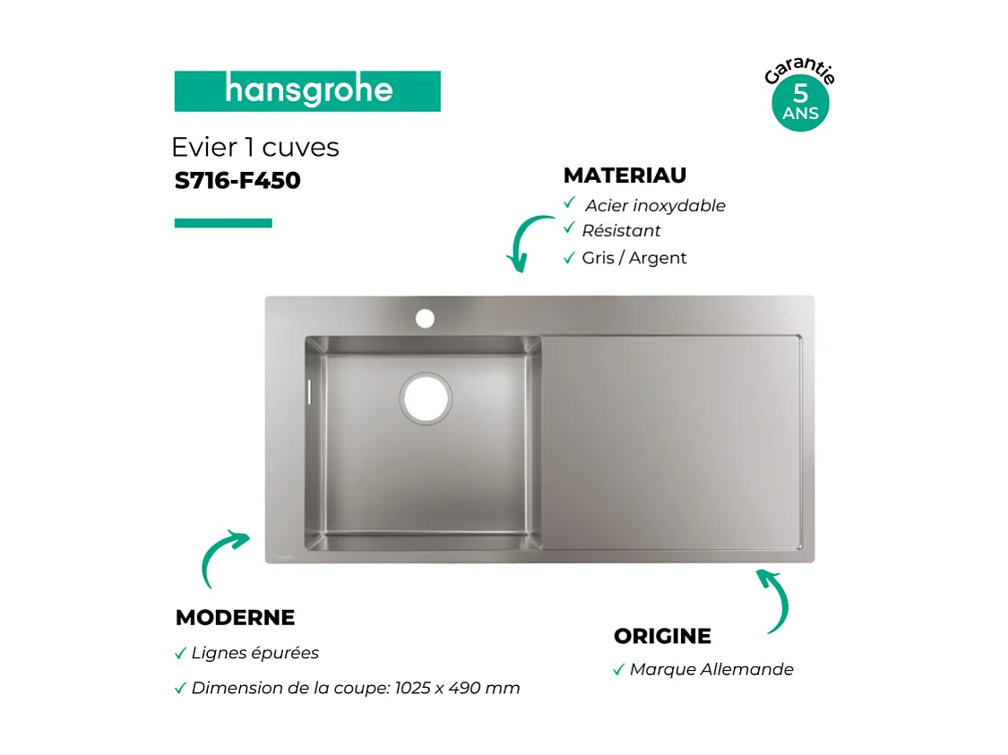 Evier à encastrer 1 bac HANSGROHE S71 450 avec égouttoir à droite sans vidage inox