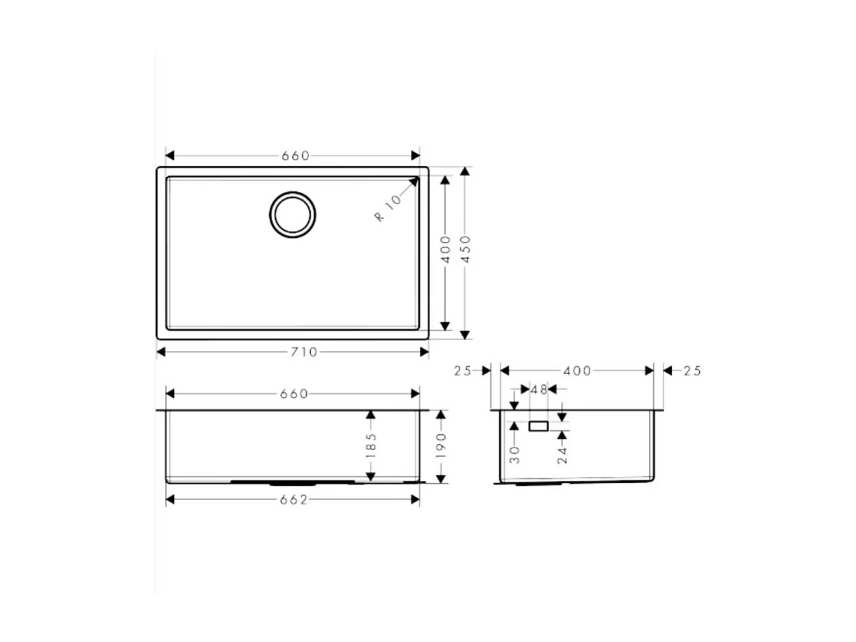 Evier à encastrer sous plan 1 bac HANSGROHE S71 660 avec vidage manuel inox