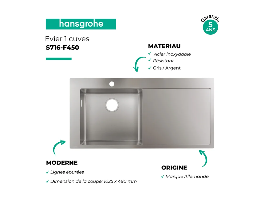 Evier à encastrer 1 bac HANSGROHE S71 450 avec égouttoir à droite avec vidage manuel inox