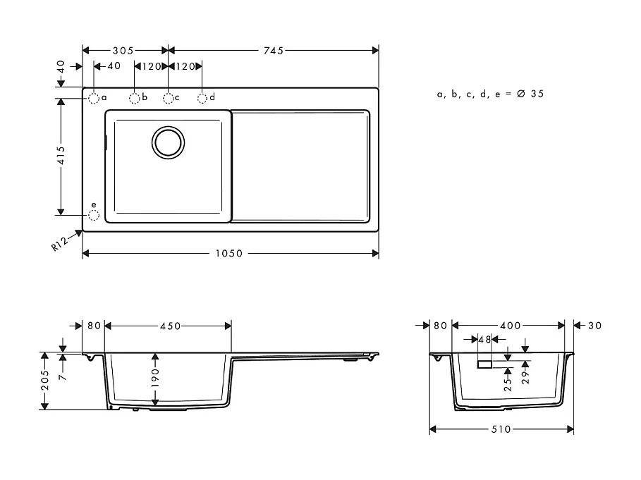 Evier à encastrer 1 bac HANSGROHE S51 450 égouttoir à droite avec vidage manuel noir graphite