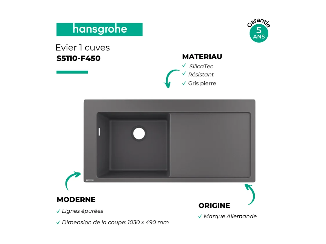 Evier à encastrer 1 bac HANSGROHE S51 450 égouttoir à droite sans vidage gris pierre
