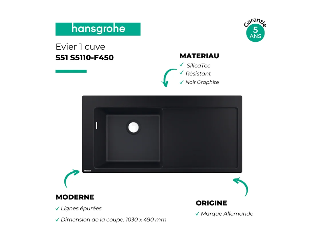 Evier à encastrer 1 bac HANSGROHE S51 450 égouttoir à droite avec vidage auto noir graphite