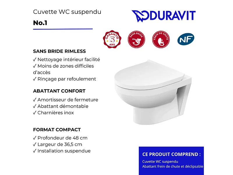 Cuvette WC suspendu sans bride compact DURAVIT No.1 avec abattant frein de chute déclipsable